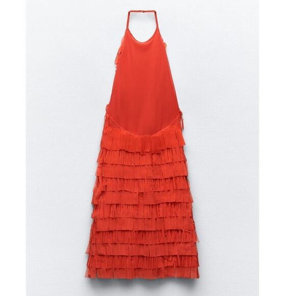 Zara FRINGED TULLE HALTER DRESS Size Small - Picture 11 of 13